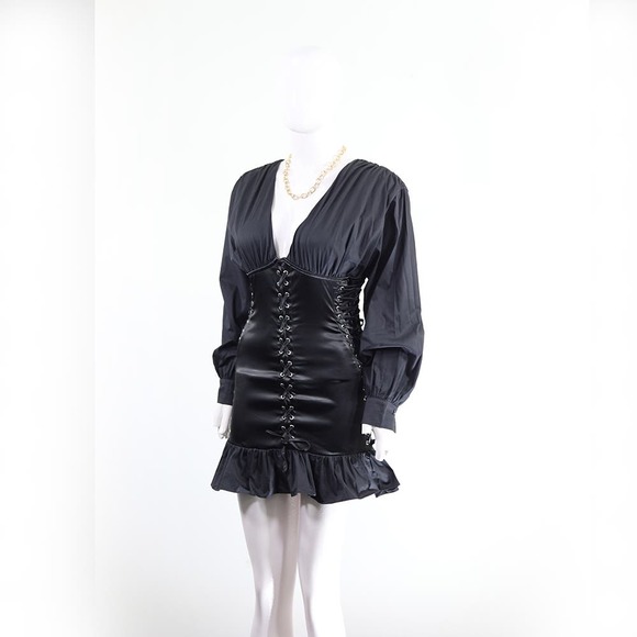 Trendy Black Satin Corset Top Lace-Up Detail Party Perfect - Picture 2 of 6